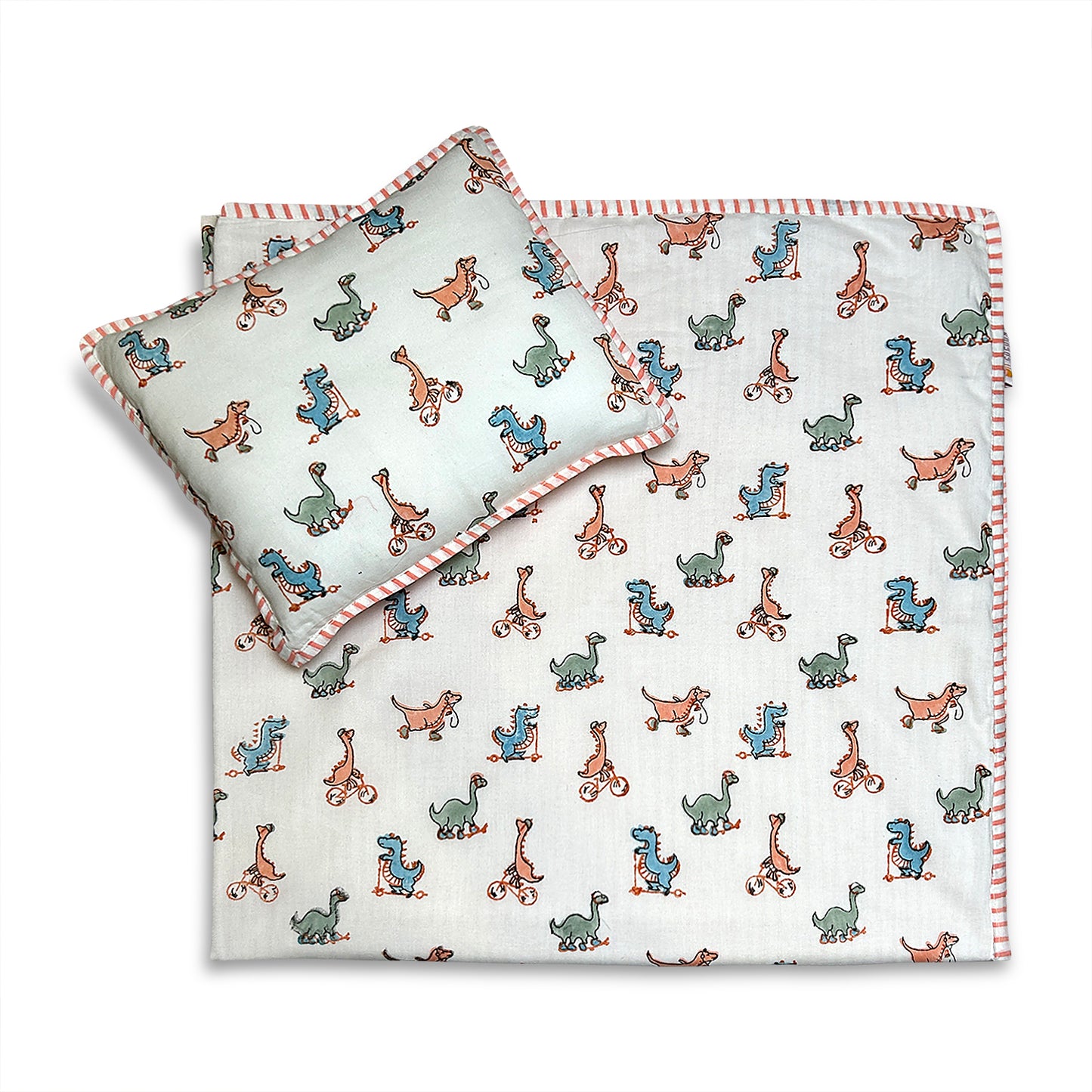 Dinosaur Block Print Dohar With Pillow