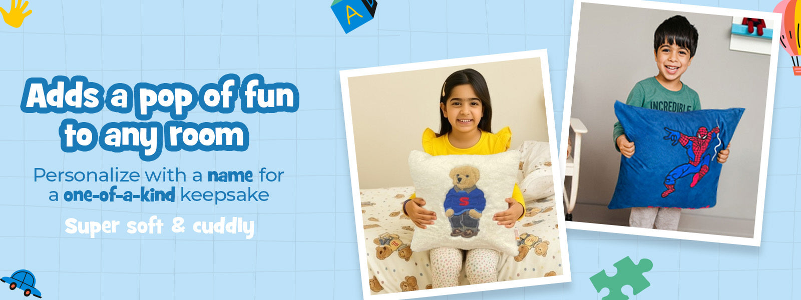Promotional banner for personalized plush toys with text and images of children holding them.